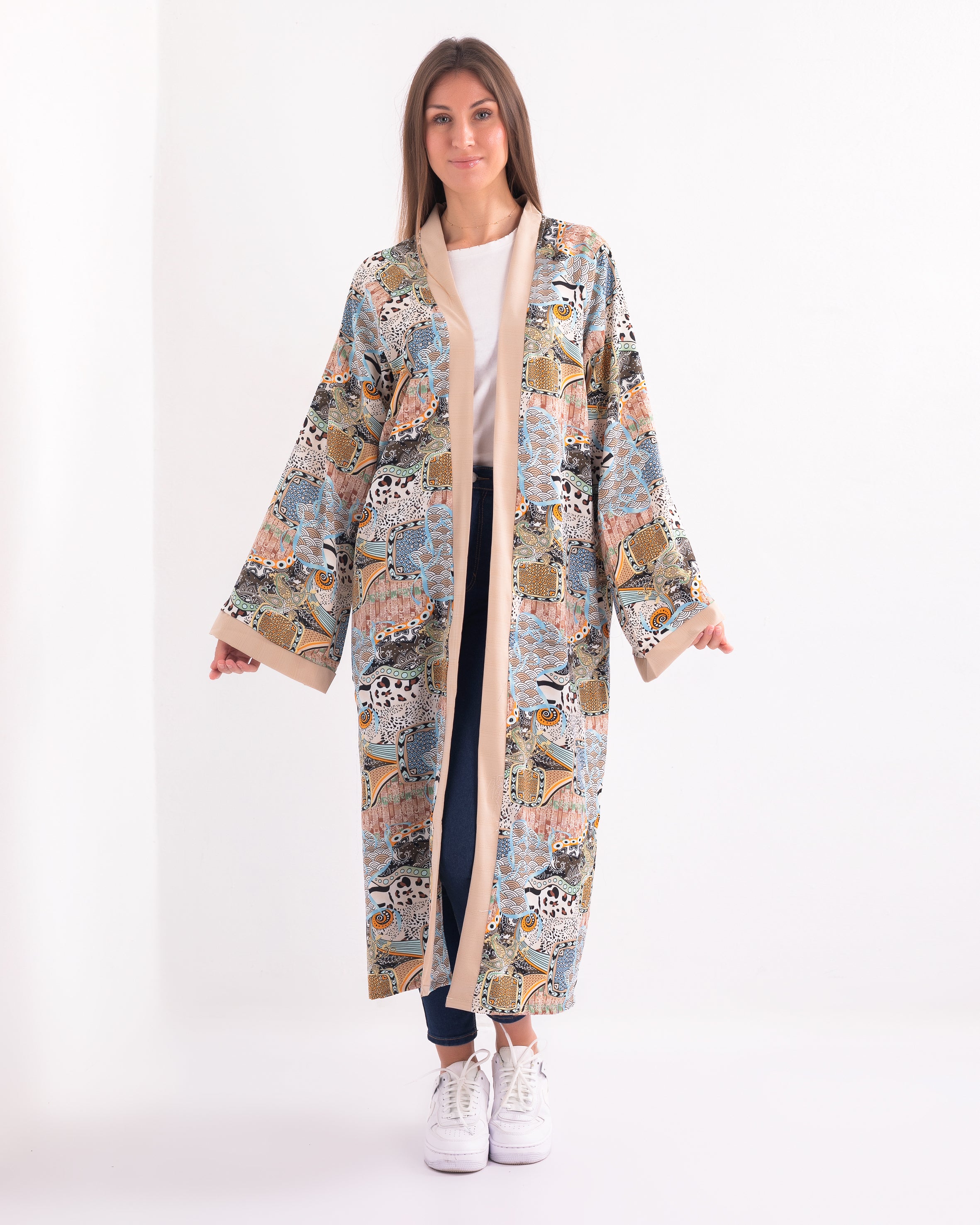 Vintage Glam Modist Kimono - Wavy Blue & SM beige