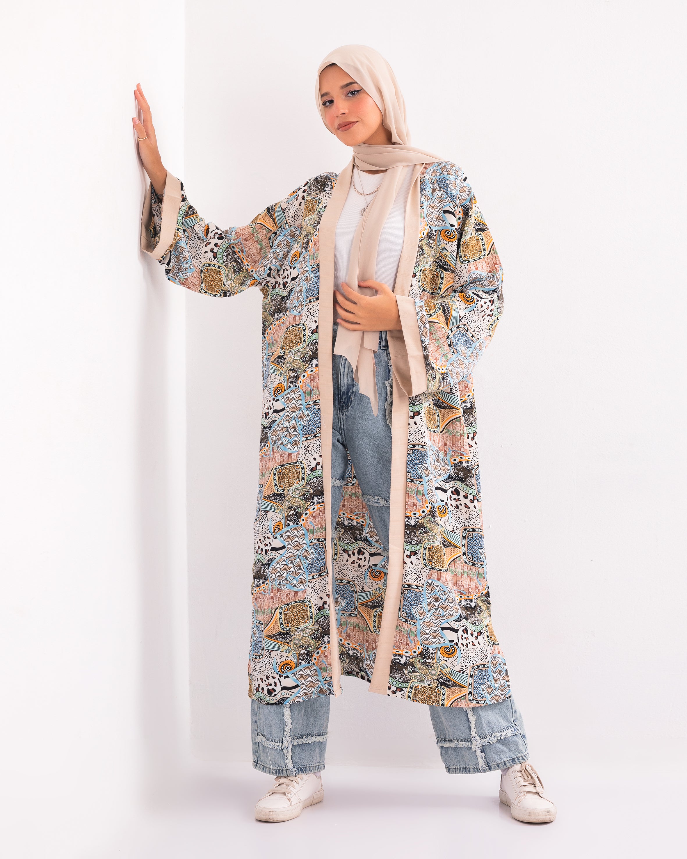 Vintage Glam Modist Kimono - Wavy Blue & SM beige